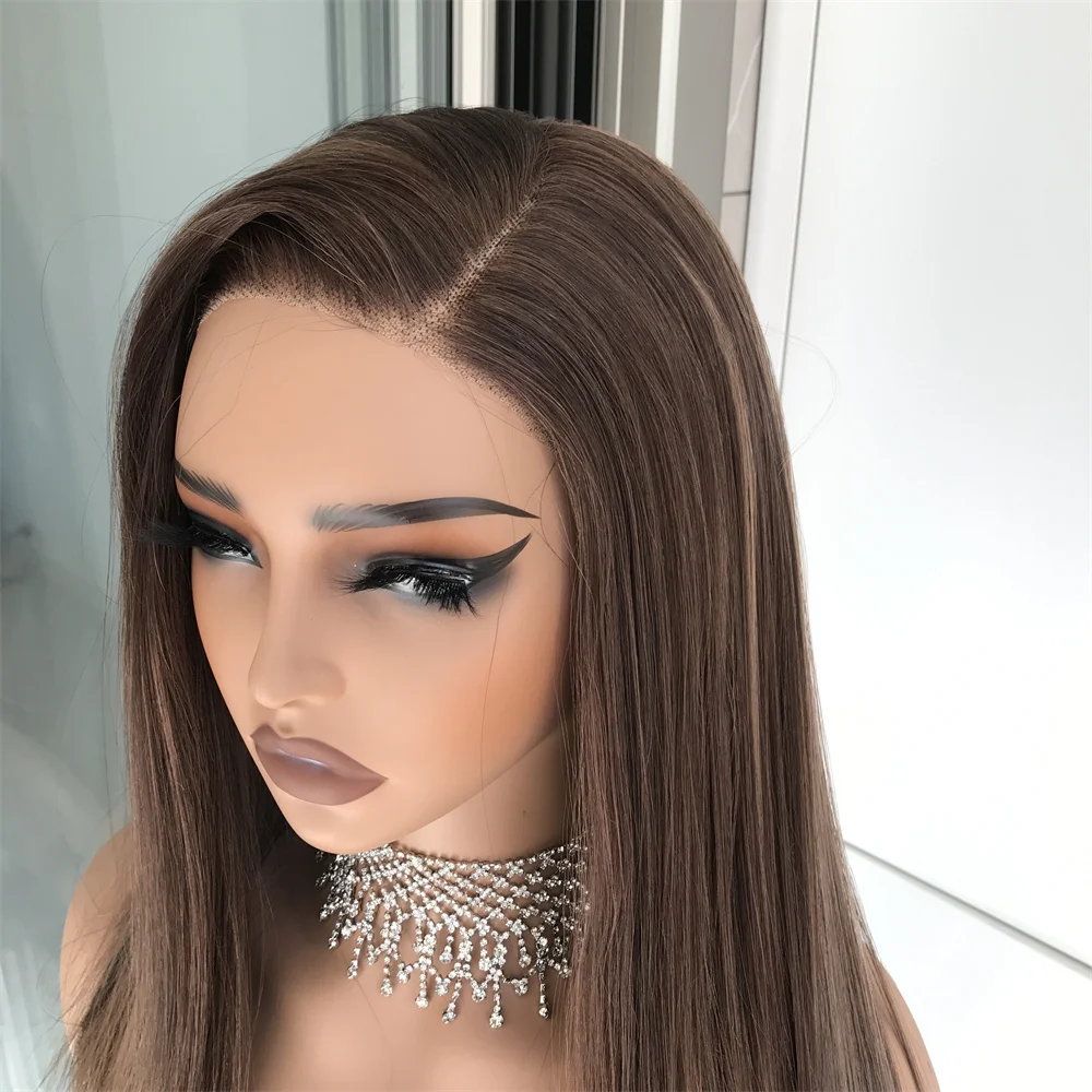 Brown Mix Blonde Highlight Long Straight Wear and Go Glueless Synthetic Lace Wigs Side Part 22inch Daily Use