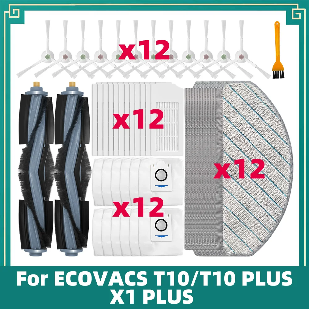 Compatible para ECOVACS T10 / T10 PLUS / X1 PLUS Robot Aspiradora Piezas de repuesto Cepillo principal y lateral Filtro HEPA Paño de limpieza Bolsa de polvo