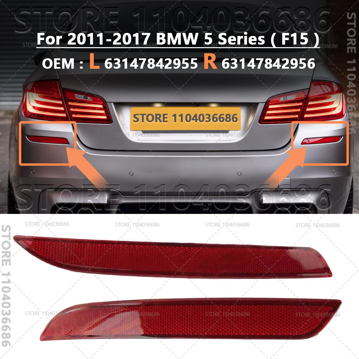 2011-2017 BMW 528i 528iX 535d 535dX 535i 535iX 550i 550iX M5 (F10) 리어 범퍼 리플렉터 램프 렌즈 63147842955 63147842956