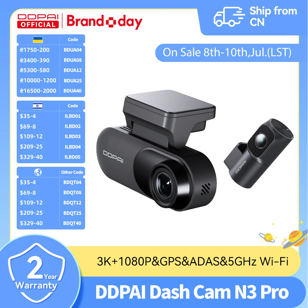Cámara para Auto DDPAI Mola N3 Pro, Grabadora Delantera y Trasera, DVR 3K, GPS, Monitor de Estacionamiento 24H
