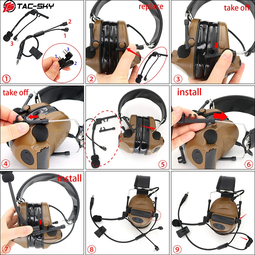 tac sky outdoor hunting tactical headset conjunto de cabos 05