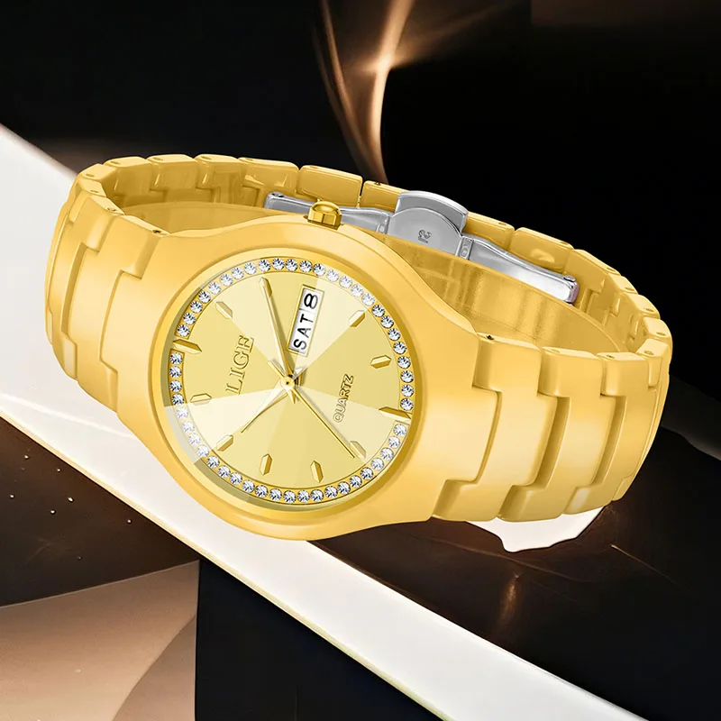 LIGE New Gold Quartz Watch For Woman Fashion Elegant Women's Bracelet Watch Creative Ceramic Strap Waterproof Date Ladies Watch