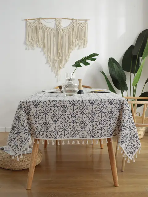 Mantel estampado de lino y algodón bohemio, mantel chino de porcelana azul y blanca para mesa occidental, picnic, fiesta