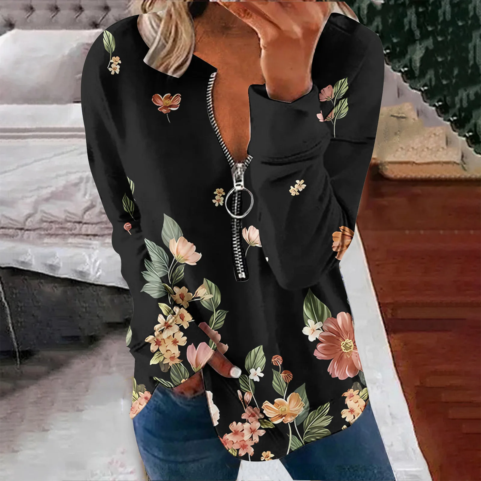 2024 Women's Pullover Sweatshirt Ribbed Zipper Flo&hellip;