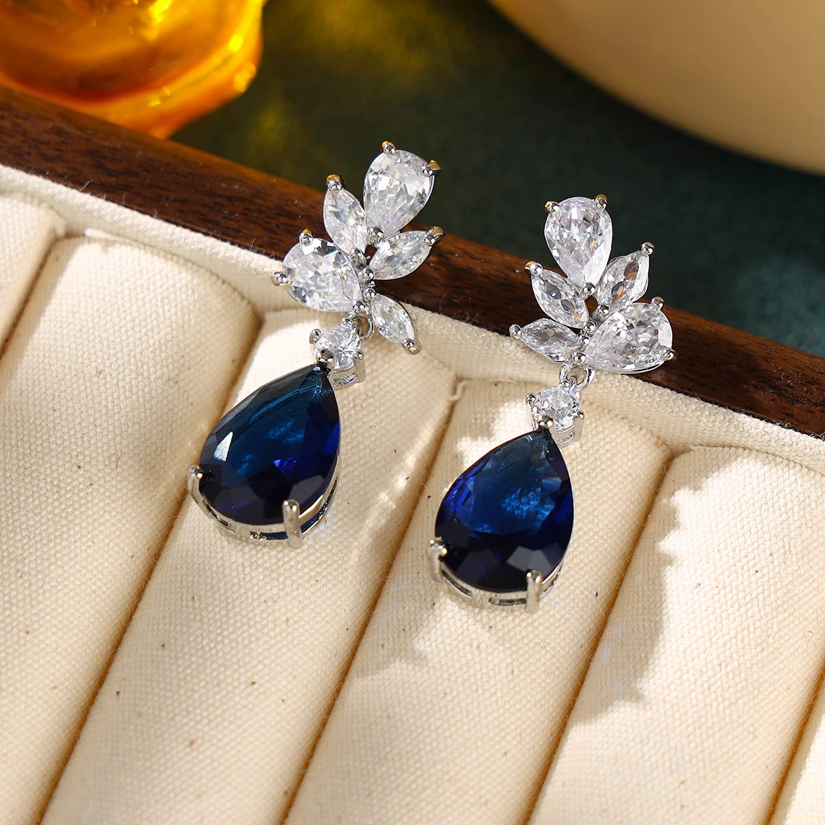 Elegant Sapphire Blue Cubic Teardrop Earrings for Wedding Parties