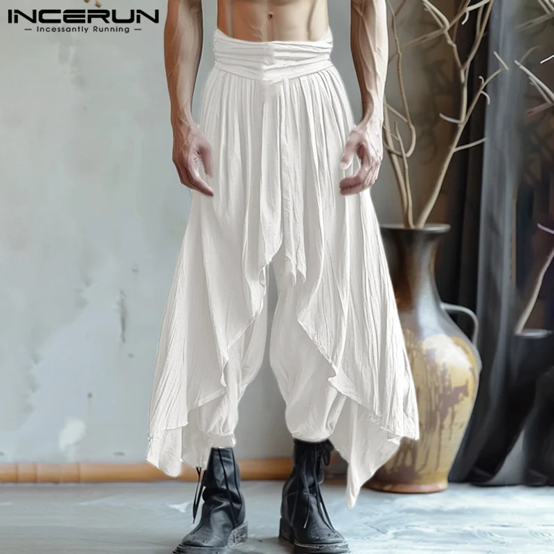 2024 INCERUN Men's Solid Color Long Harem Pant Causal Solid Trousers Ruffle Pantalons American Style Fashion Oversize Streetwear