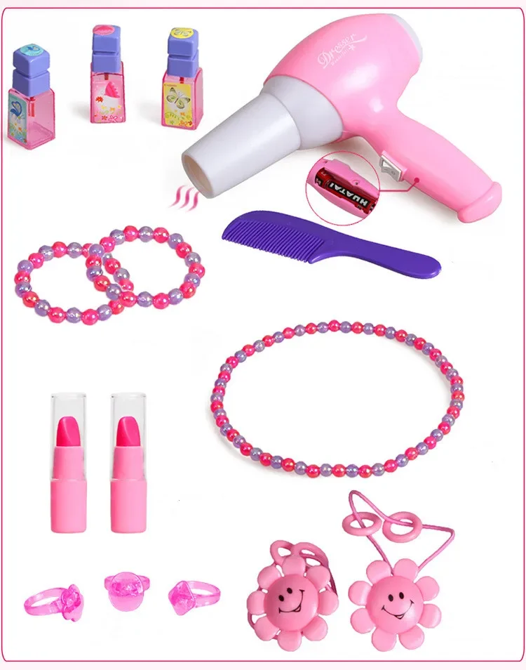 High Quality LED Lights music Kids Cosmetics Dressing table lipstick nail comb hair dryer Play house Interactive Toy baby gift