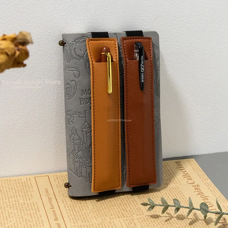 Pen Pencil Case Vintage Leather Pen Pouch with Secure Strap Attaching to Books Notebook Multi-Functional Pencilcase Portable Cowhide