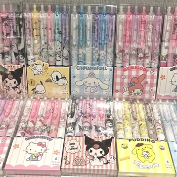 Sanrio Hello Kitty 6pcs Series Gel Pen 0.55mm Refill Y2k Cinnamoroll Kuromi MelodyCartoon Press Pen Black Stationery Supplies 1
