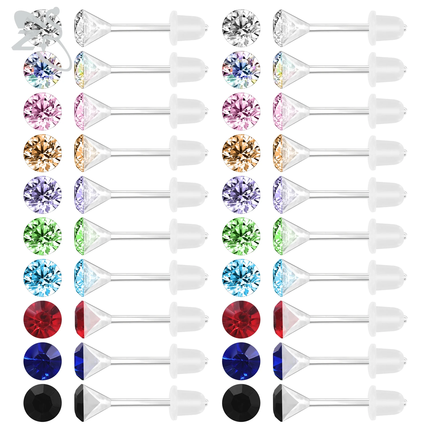 ZS 10-20pairs/lot Colorful Round CZ Stud Earring For Women Men 20g Anti-allergy Resin Ear Studs Daliy Wear Jewelry Lot 3/4/5/6MM