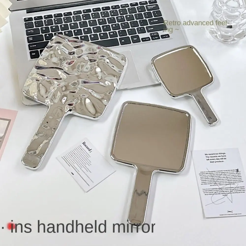 Portable High Definition Handheld Mirror Liquid Shape Silver Makeup Mirror Square Ins Vanity Mirror Household