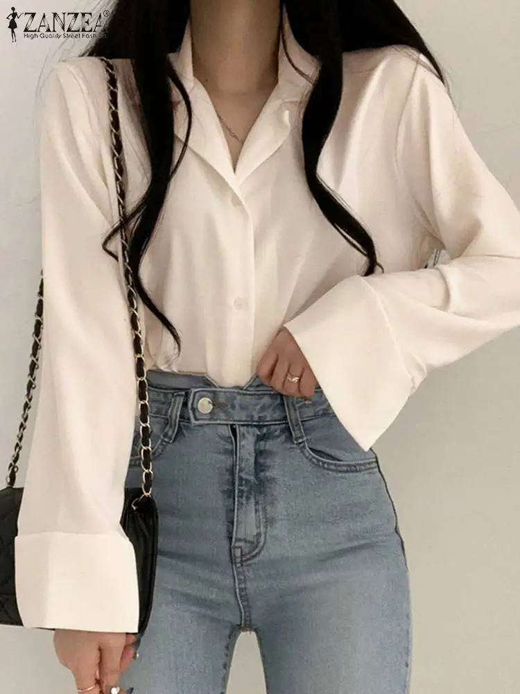 

ZANZEA 2023 New Fashion Tops Women Beige Shirt Vintage Turn Down Collar Autumn Tunics Casual Long Sleeve Causal Loose Blouse