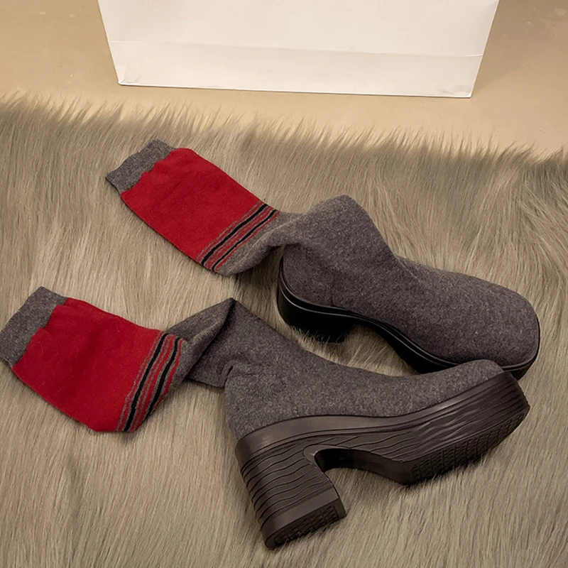 Aphixta Soft Fabric Women Knee Boots 8cm Square Heel Women Black Shoes Fashion Round Toe Modern Boots for Women Size 42