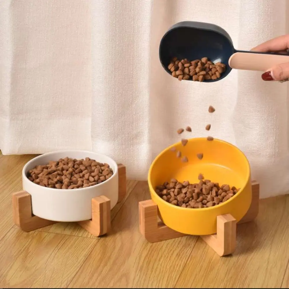 Large Caliber Ceramic Cat Bowl Anti-Overturn Cervical Spine Cat Water Food Bowl with Wooden Rack No Spill Slow Feeder Bowl