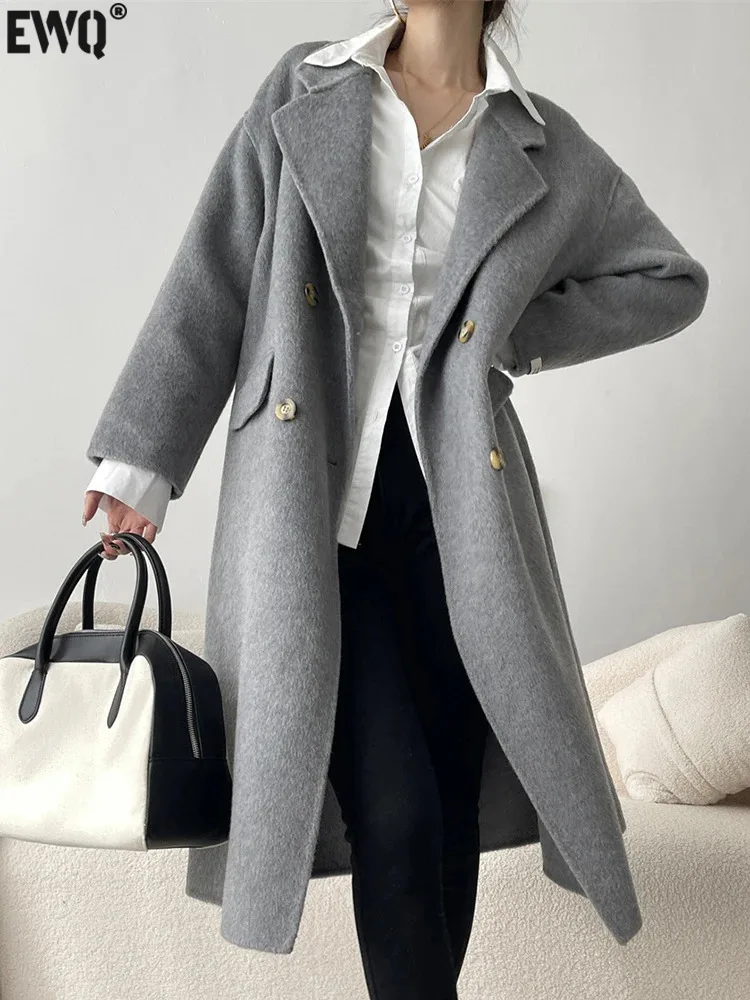 

[EWQ] Temperament Lapel Collar Buttons Pockets Double-sided Woolen Coat Simple Women's Outerwear 2023 Autumn Winter Top 16U6681