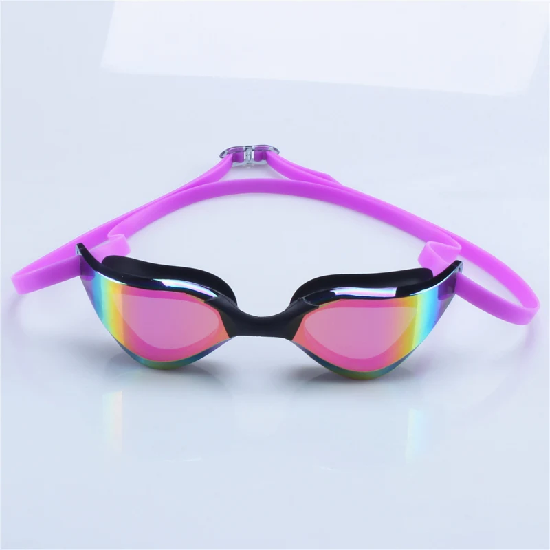 Detailed view of the multi-color swim goggles featuring high-impact polycarbonate lenses.