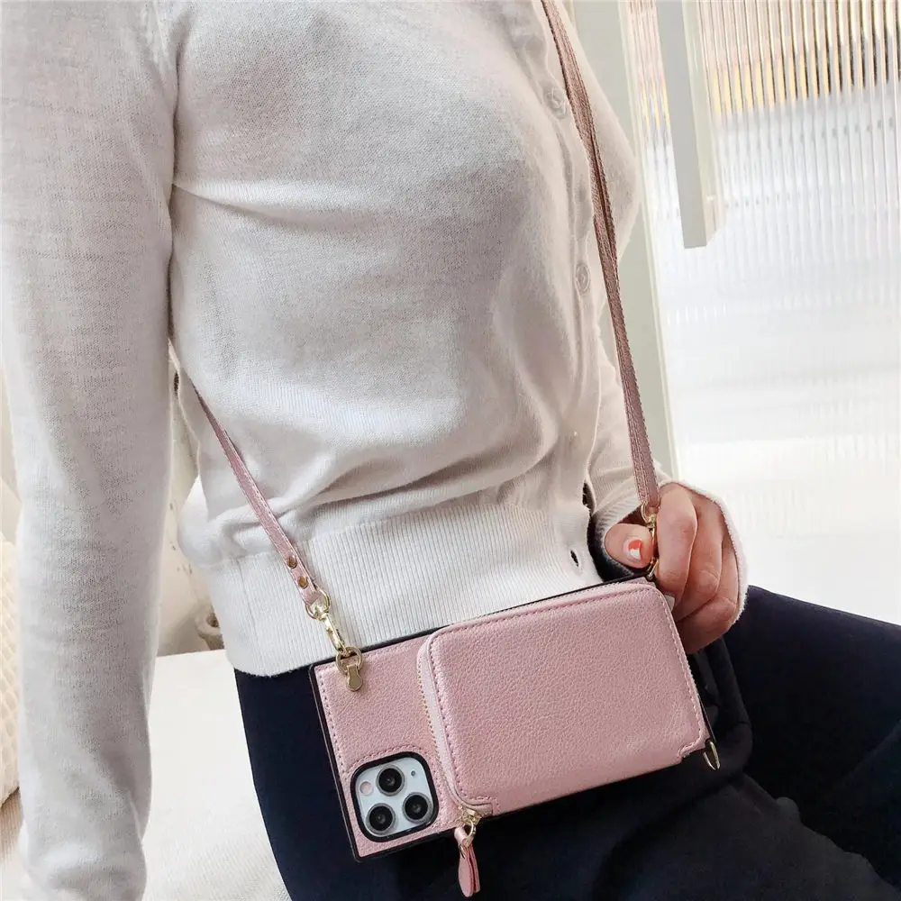 Elegant Zipper Wallet Crossbody Leather Case with Long Lanyard