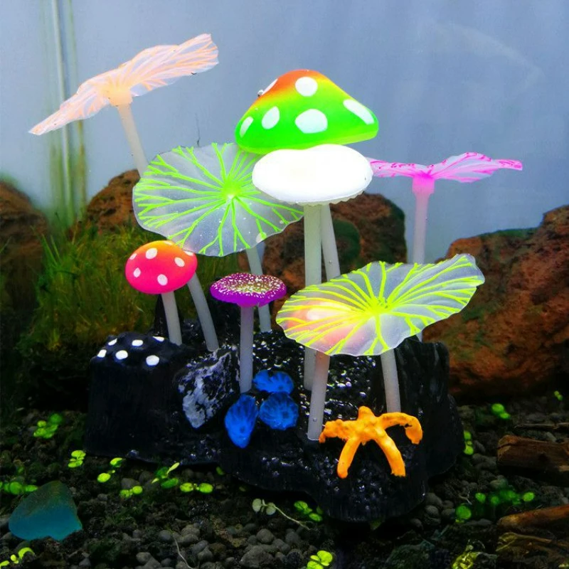 1pcs aquariums color tank landscape decorations luminous simulation aquatic plants mushroom lotus leaves fish tank decorations