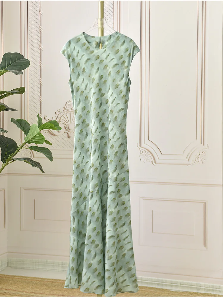 

Женское шелковое платье-трапеция с принтом, длинная юбка-годе с коротким рукавом и волнистой юбкой, лето 2024