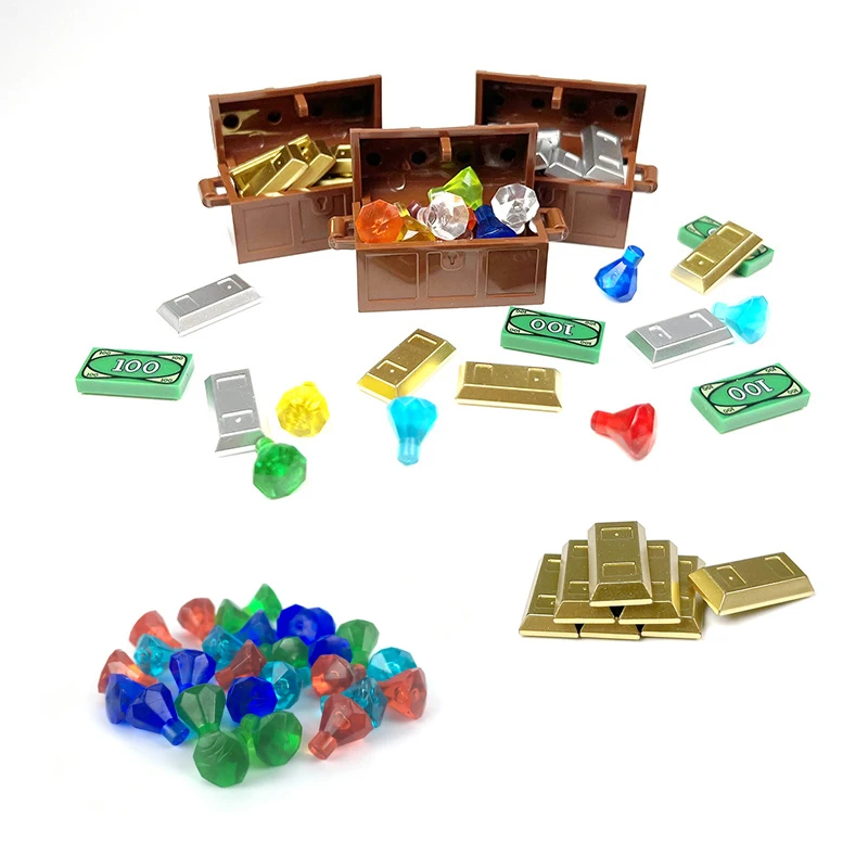 Moc Building Blocks Compatibile Con Lego Golden Silver Bricks Monete Pietre Preziose Diamanti Pirate Treasure Chest Parts Kit Giocattoli