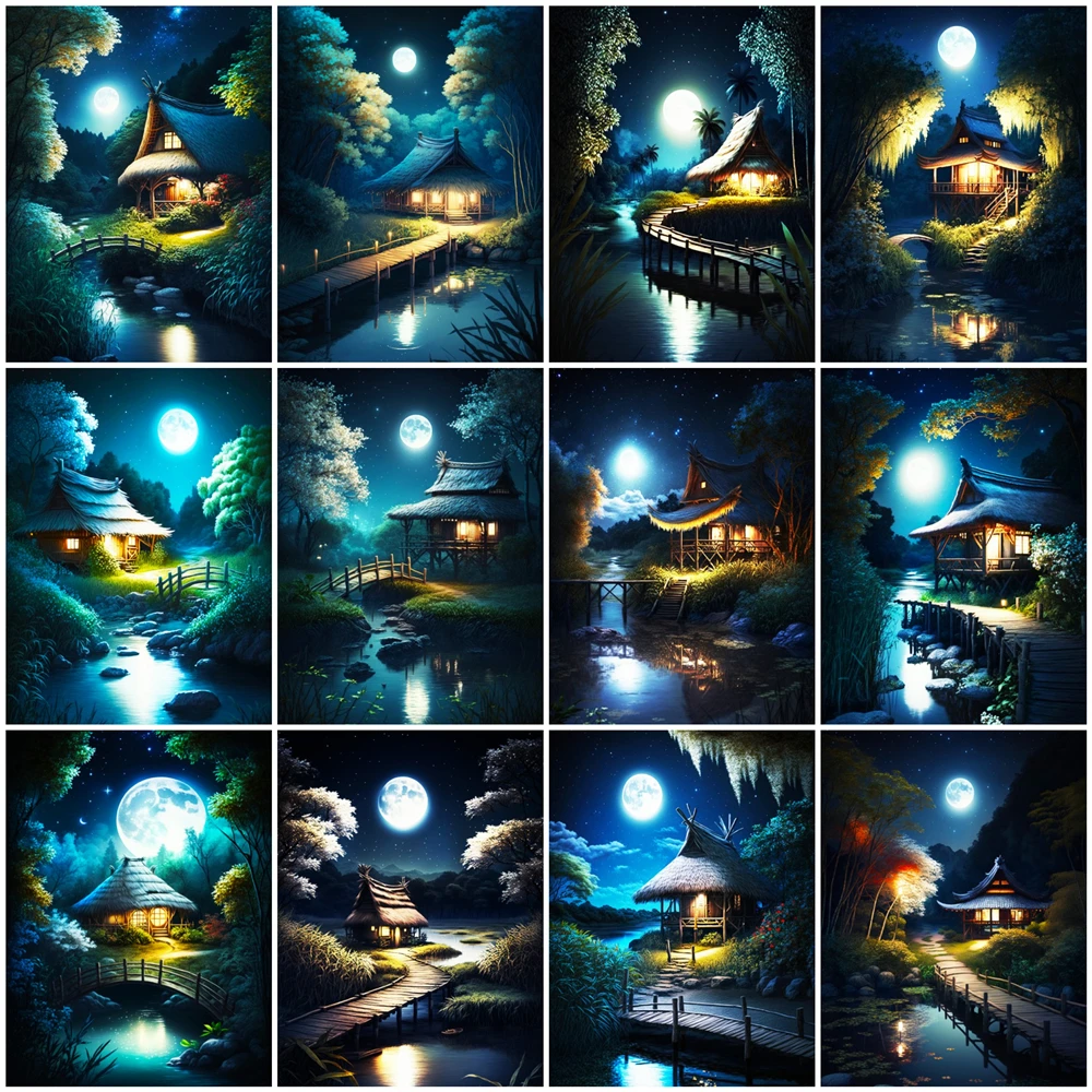 

EverShine Алмазная мозаика дом Луна Алмазная вышивка река пейзажи полная площадь круглый 30*40 распродажа подарок ручной работы