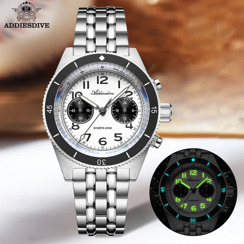 ADDIESDIVE New Panda Chronograph Sapphire Luxury Men's Watch Waterproof 200m Stainless Steel Sport Quartz Watch