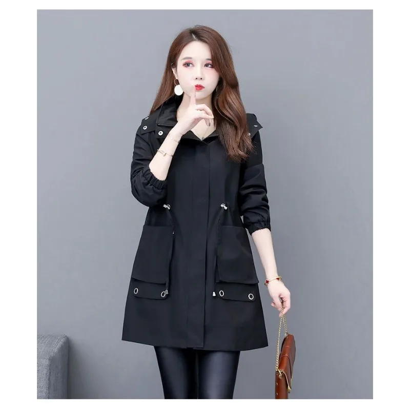 2023 New Spring Autumn Women Windbreaker Mid Length Slim Fit Hooded Casual Large Student Coat Waist Warming Overcoat