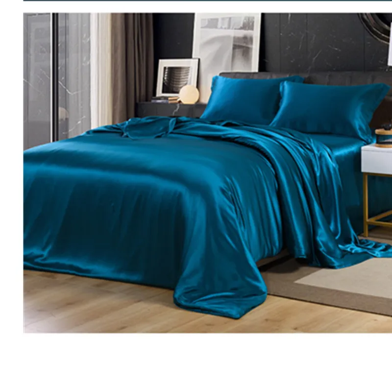 

Peacock blue Luxury Silk Bedding Set. Include Silk Duvet Cover, Pillowcase and Silk Fitted Sheet. Satin Silk, Silk Blend Fabric