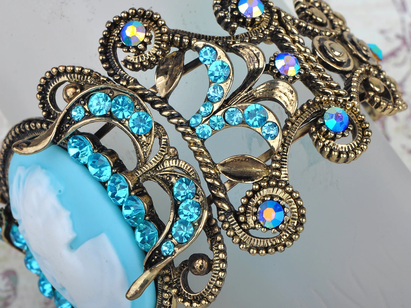 Golden Tone Blue Lady Girl Maiden Cameo Bangle Bracelet