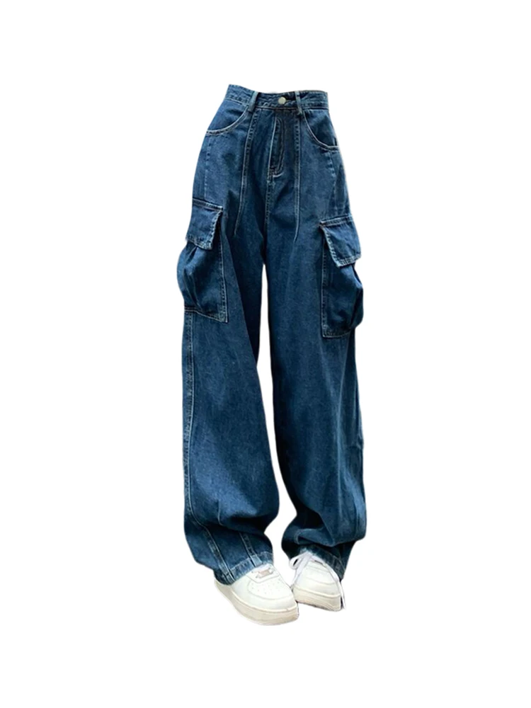 

American Retro Baggy Pockets Washed Denim Cargo Pants Casual Streetwear High Waist Basic Tide Trousers 2000s Aesthetic Harajuku