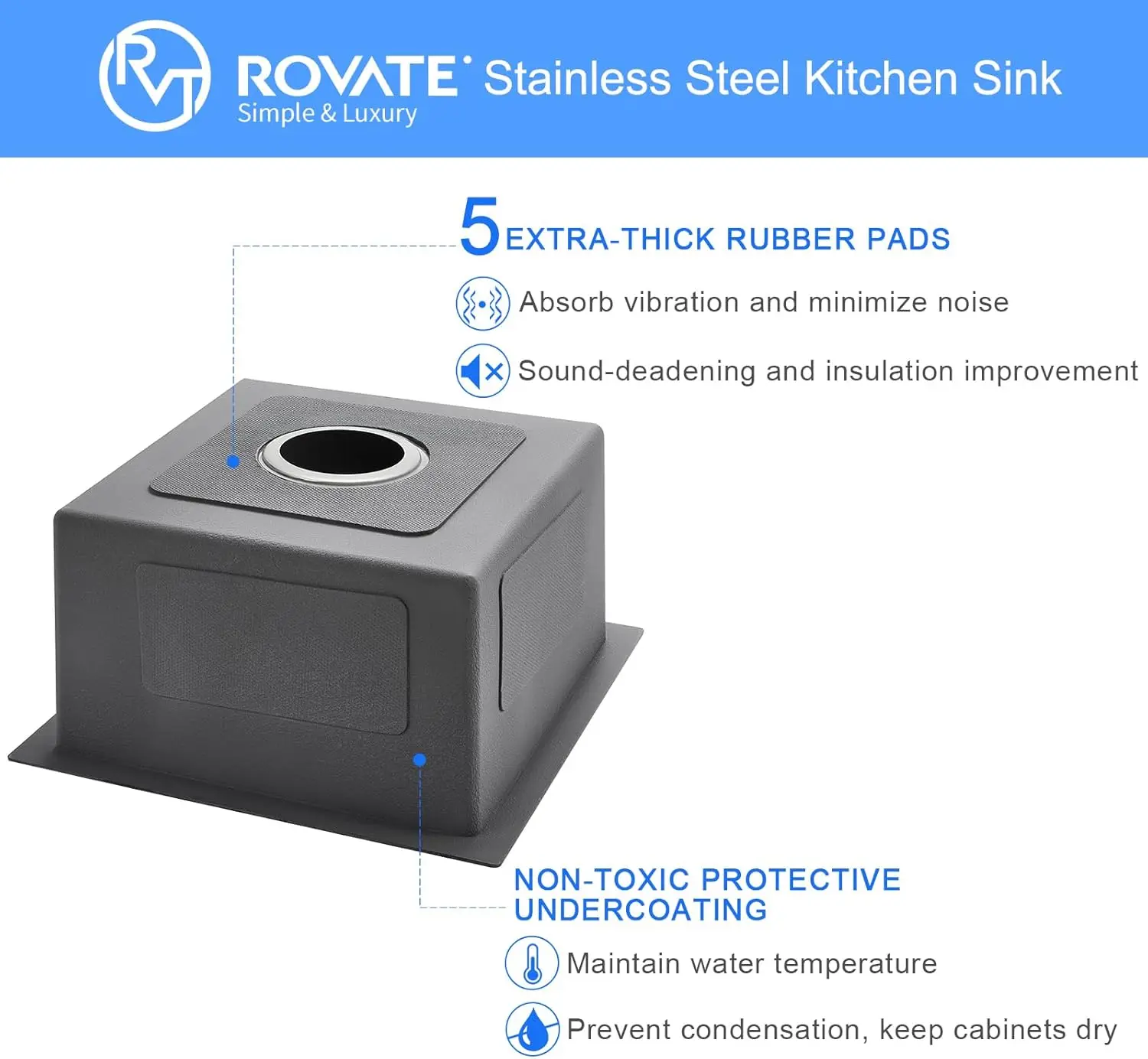 ROVATE 15x15 inch Black Bar Sink Undermount Black Nano Kitchen Sink Single Bowl T-304 Stainless Steel Sink with  Basket Strainer 4