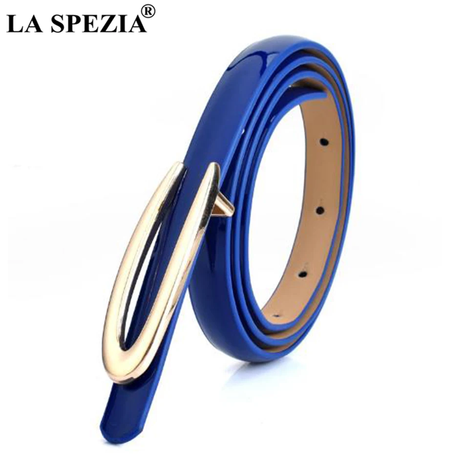 LA SPEZIA Blue Thin Leather Belt Women Smooth Buckle Belt Ladies Patent Real Leather Cowhide Brand Female Belts For Dresses