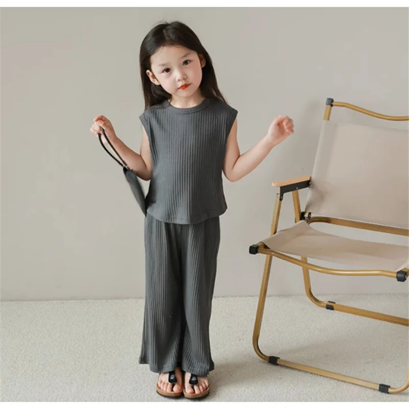 Girls Clothing Sets Summer Fashion Sleeveless Suit Kids Cotton Tops+Pants 2Pcs Children Casual Solid Outfits 2-8 Years kids clothing set,girls clothing set