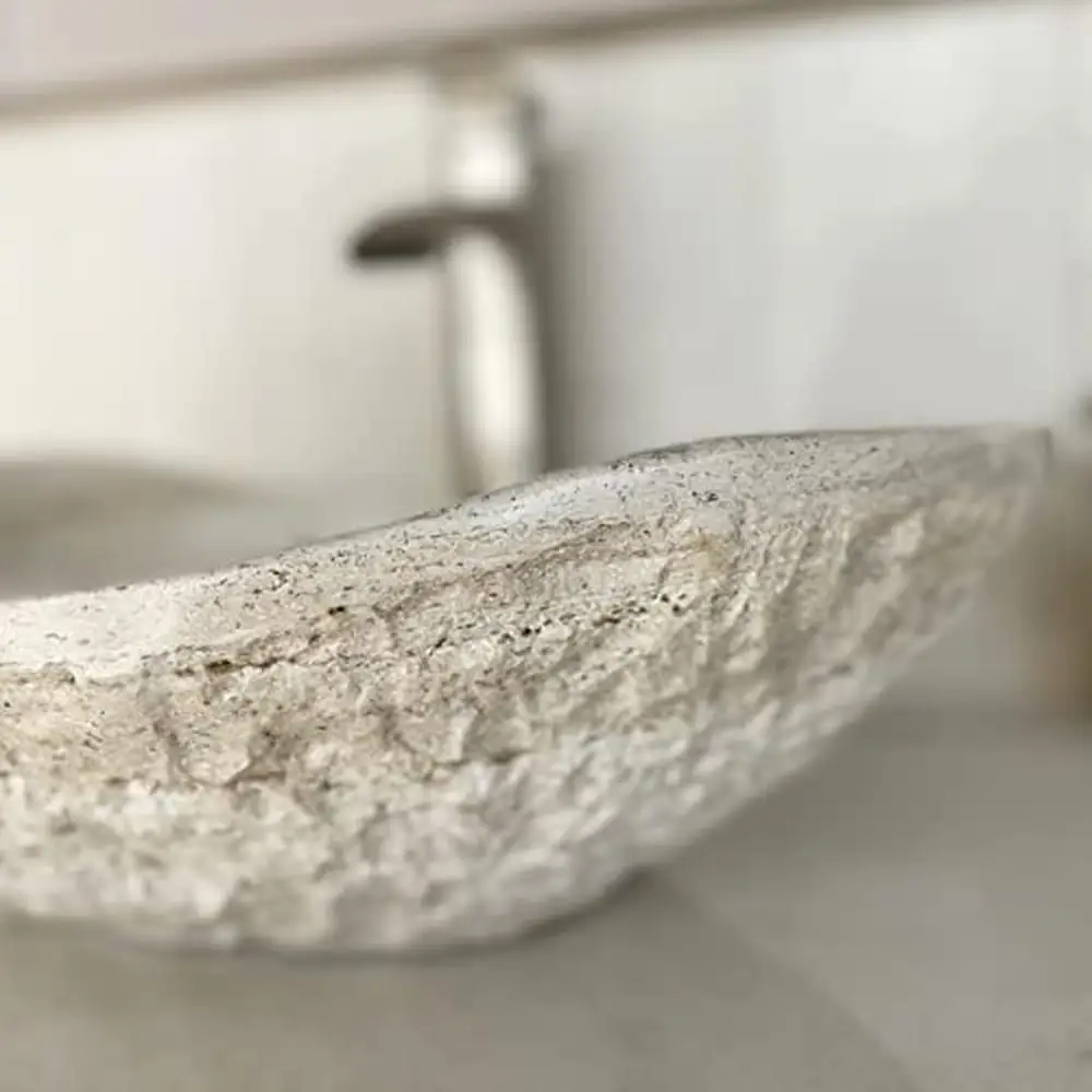 Natural Travertine Chiseled Oval Canoe Vessel Sink Hand Carved Real Stone Free Soap Tray Rustic Elegance Bathroom Upgrade 3