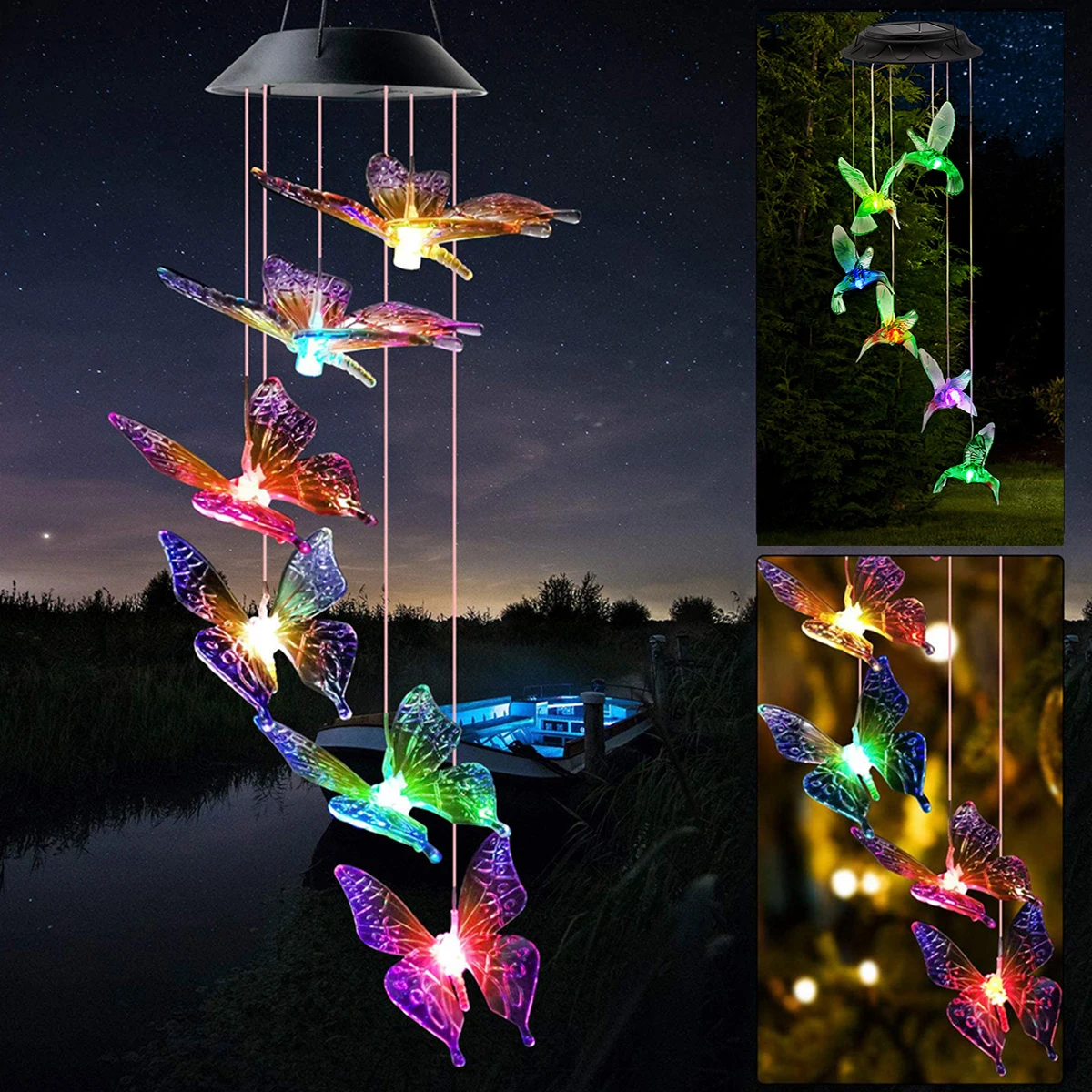مصباح رنين الرياح الشمسي LED، بتصميم فراشة ملونة،...