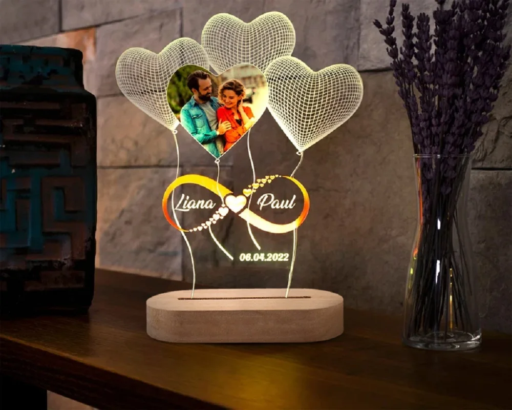 3D Photo Lamp Custom Photo And Text Engrave Wooden Base Customized Valentine's Day Wedding Anniversary Birthday 3D Lamp Gifts - Image 3