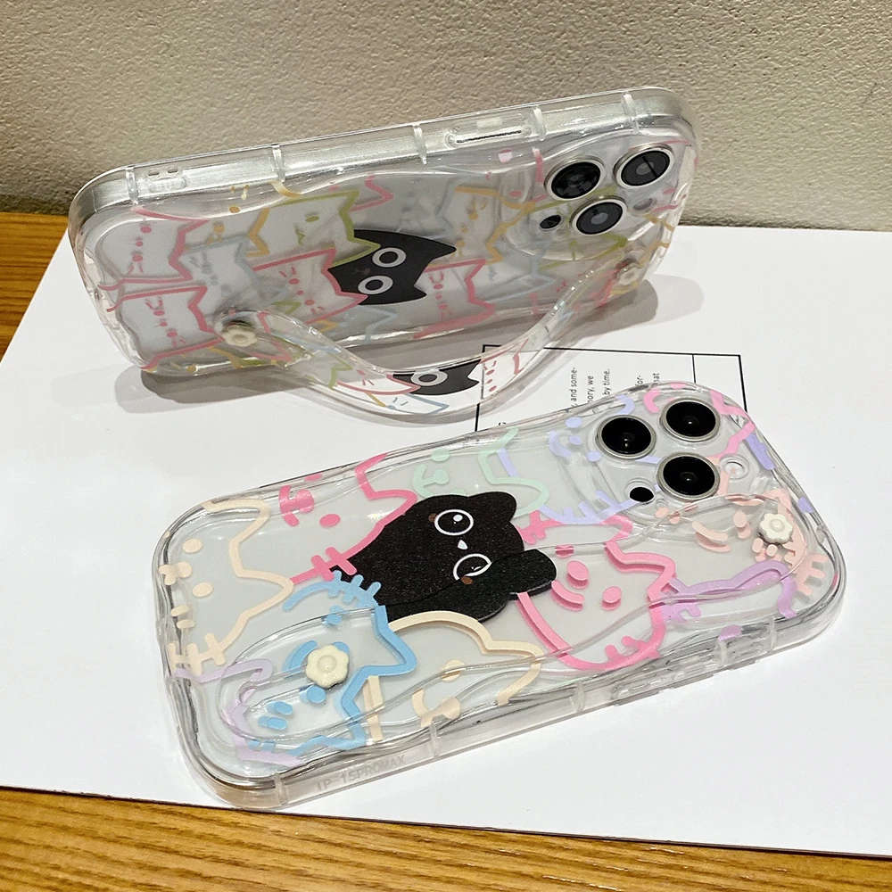 Colorful Cat Wrist Strap Phone Holder Case