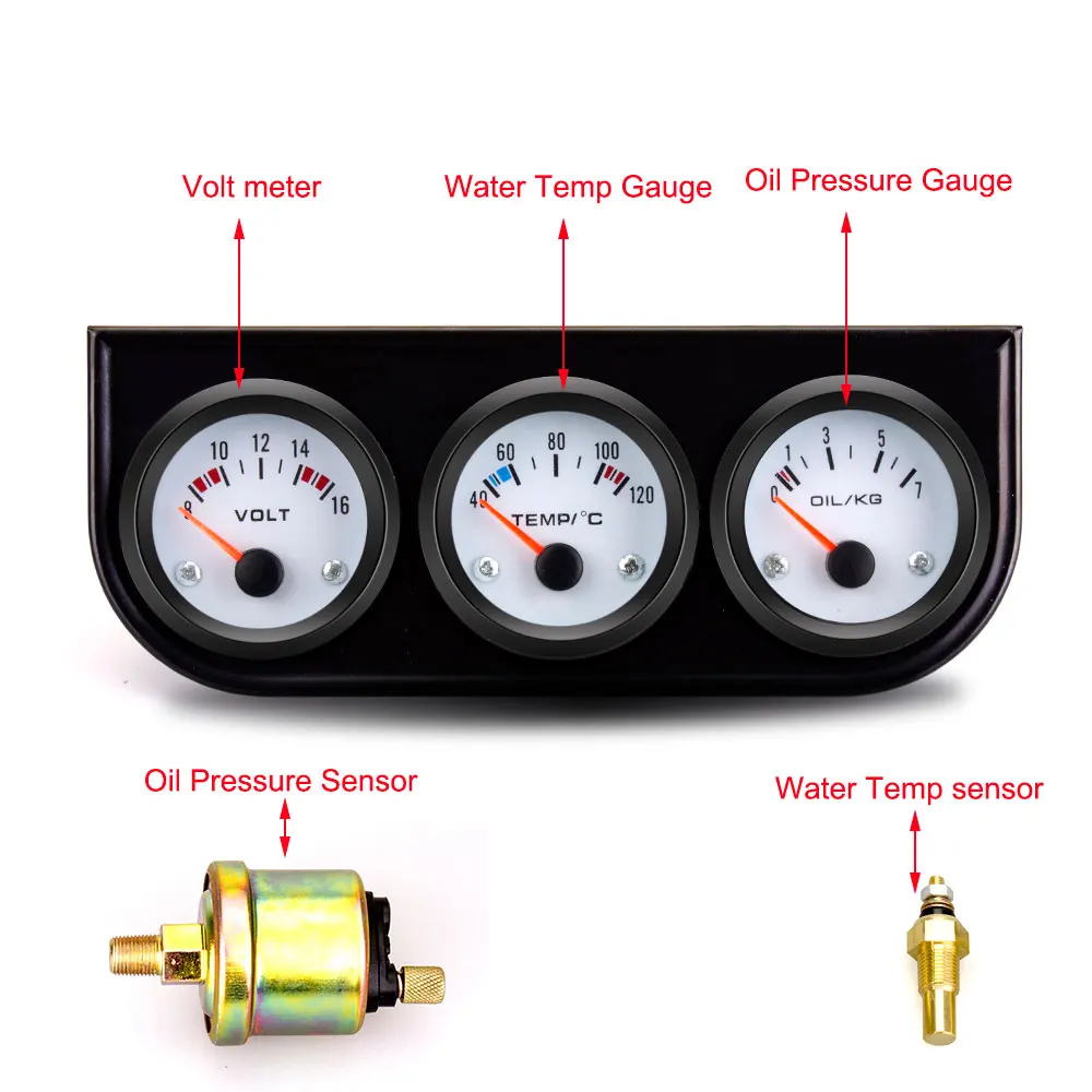 Universal 3-in-1 Car Meter Set, 1-in-8 NPT 52 mm/2 in 3, Voltmeter 8-16