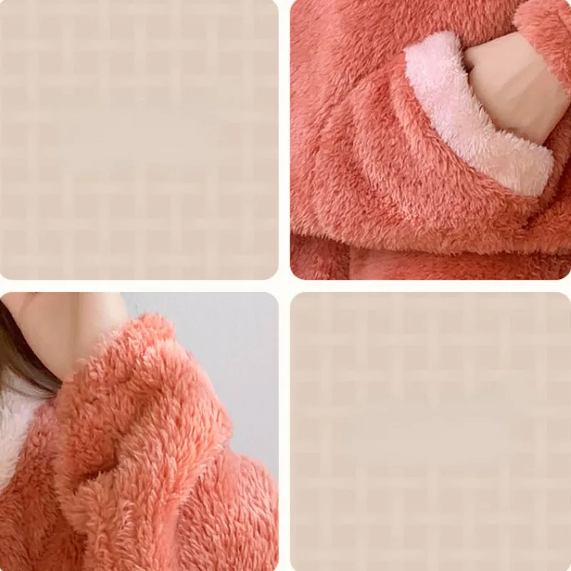 2024 New Pajama Women's Coral Velvet Autumn Winter Loungewear Thickened Plush Sleepwear Warm Flannel Round Collar Homewear Set