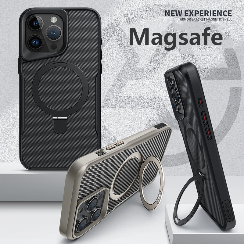 Sleek Carbon Fiber Textured Magnetic Phone Case with Soft Rubber Frame and Metal Stand