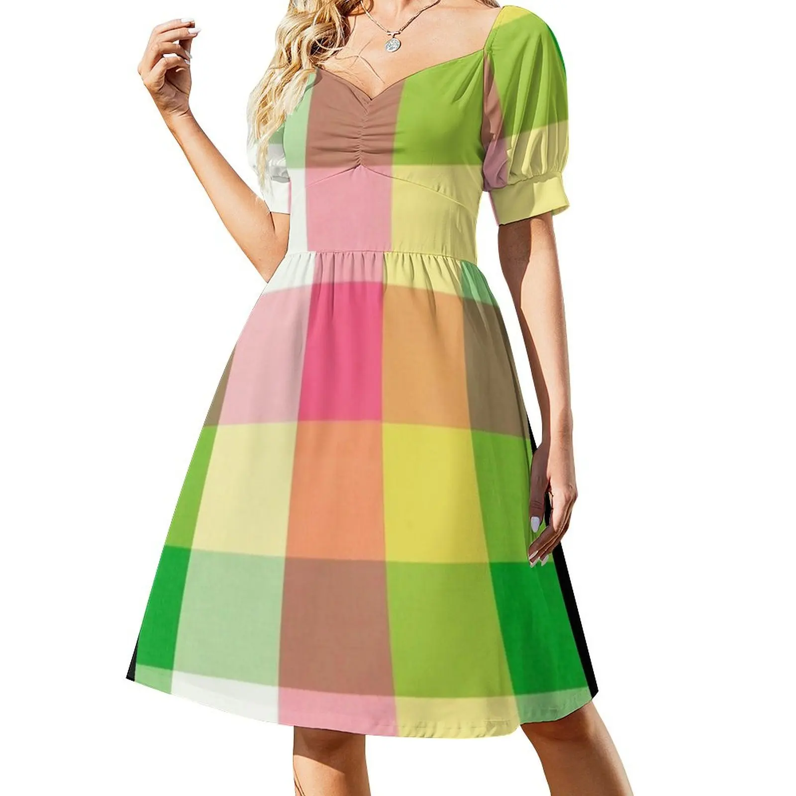 thumbnail image 1 of Vestido de manga corta con estampado de cuadros rosas y verdes, vestido morado, vestido de noche, ropa de playa, 1 of 7