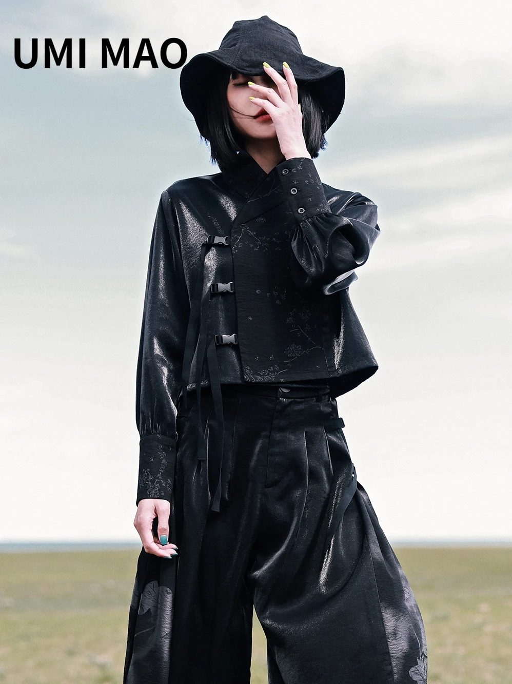 

UMI MAO Retro Chinese Style Wind-Leading Top Female Clothes Spring And Autumn New Black High-Waist Shirt Fashion Tops Femme