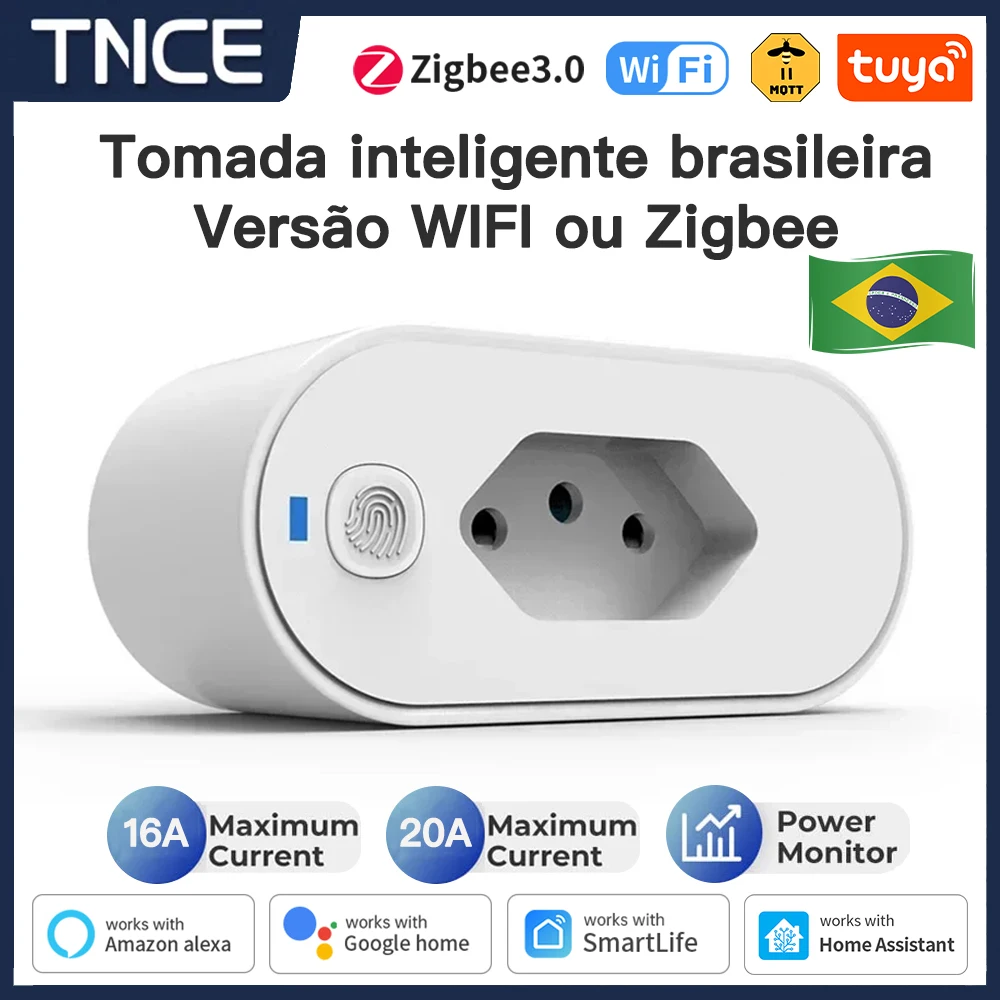 TNCE Tuya ปลั๊กบราซิล 16/20A อะแดปเตอร์ WIFI หรือซ็อกเก็ต zigbee3.0 พร้อม Power Monitor, การควบคุมเต้ารับอัจฉริยะ, เสียง Google Home Alexa 1