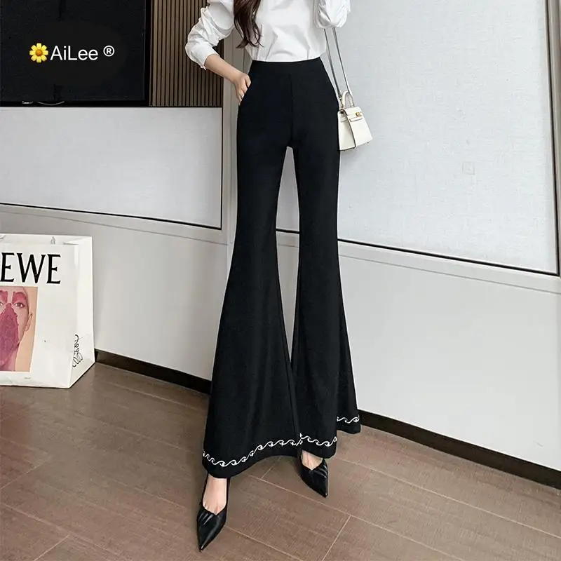 Big Flare Long Bright Line Pants Floor Length Trousers Pockets Women Draped Designer Streetwear Work Career Korea Style Trousers