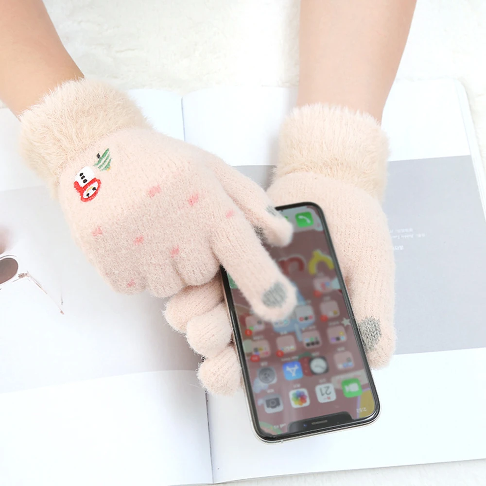 

Cartoon Embroidery Snowman Gloves Women Winter Plus Velvet Thicken Warm Mittens Cycling Windproof All Fingers Cute Gloves Women