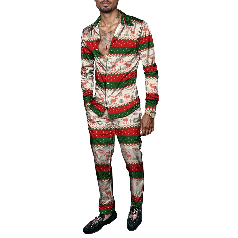 Christmas Printed Men's Shirt Set Two Piece Gingerbread Snowman_voghion.com