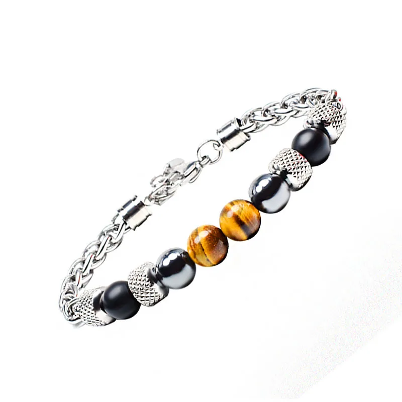 Stainless Steel Cuban Chain Bracelet for Men with Tiger Eyes Stone