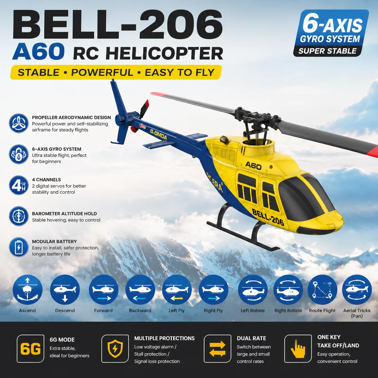 SCY A60 RC 헬리콥터, 1/42 스케일 벨 206 2.4G 4CH 플라이바리스 헬리콥터 (광학 흐름 고도 유지, 6축 자이로, 원키 기능 탑재)