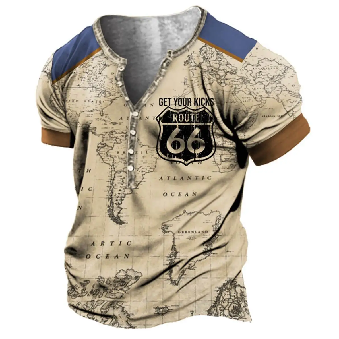 Camisa Henley vintage V-Neck American 66 Route T Shirt de manga curta T Shirt para homens Oversized Tops T Shirt Homens Punk Streetwear