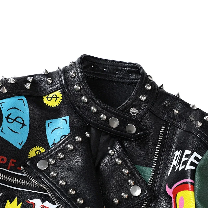 Cropped Graffiti Print Leather Jacket for Women 2024 Trend Rivets Punk Style Streetwear Contrast Faux Leather Motorcycle Jackets